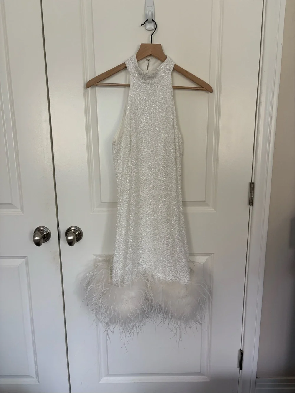 Club L London Lumi White Sequin Feather-Hem Halter Mini Dress - Picture 2 of 4